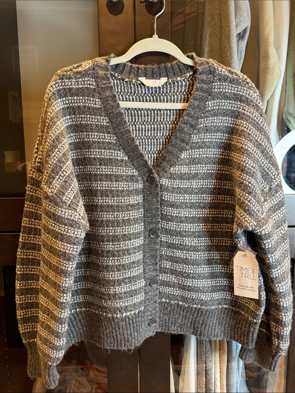 NWT TIME & TRU Gray and White Striped Button-Front Cardigan